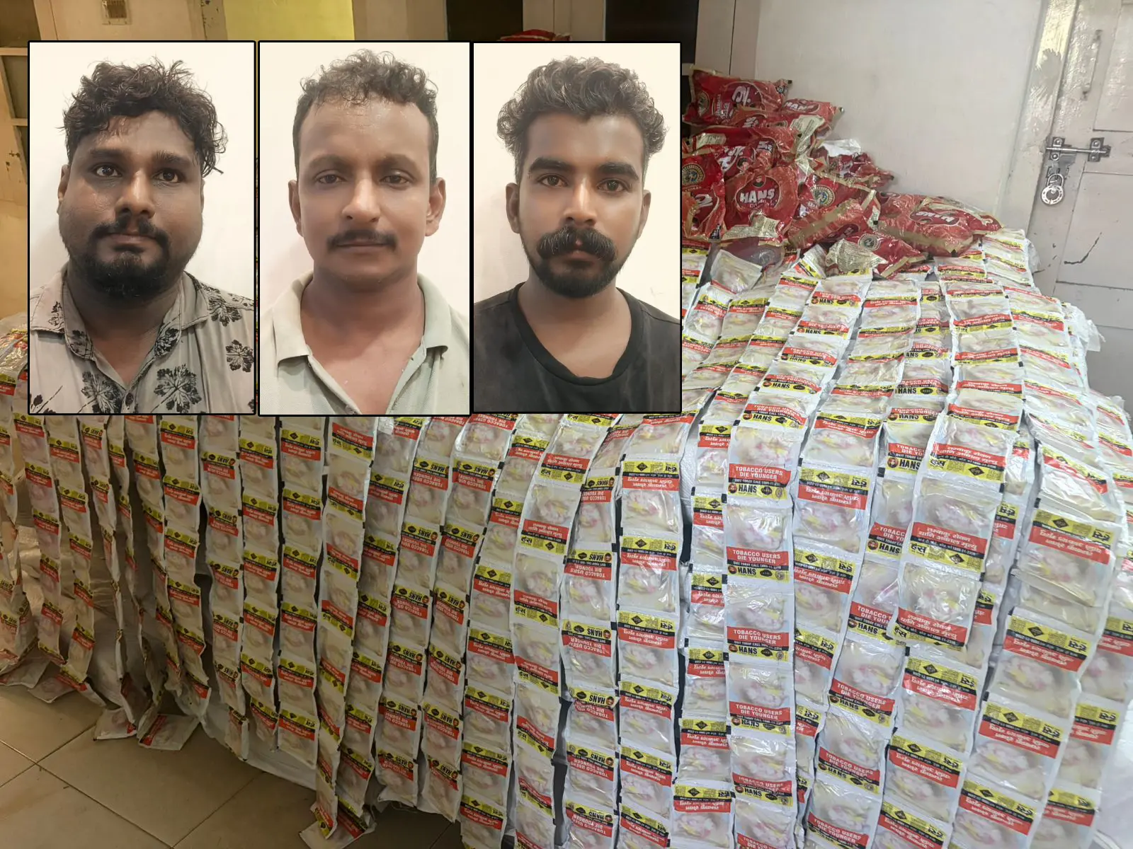 പിടികൂടിയ നിരോധിത പുകയില ഉൽപ്പന്നങ്ങൾ, ഇൻസൈറ്റിൽ ഹരീഷ്, ശരൺ ശശി, രാജേഷ്