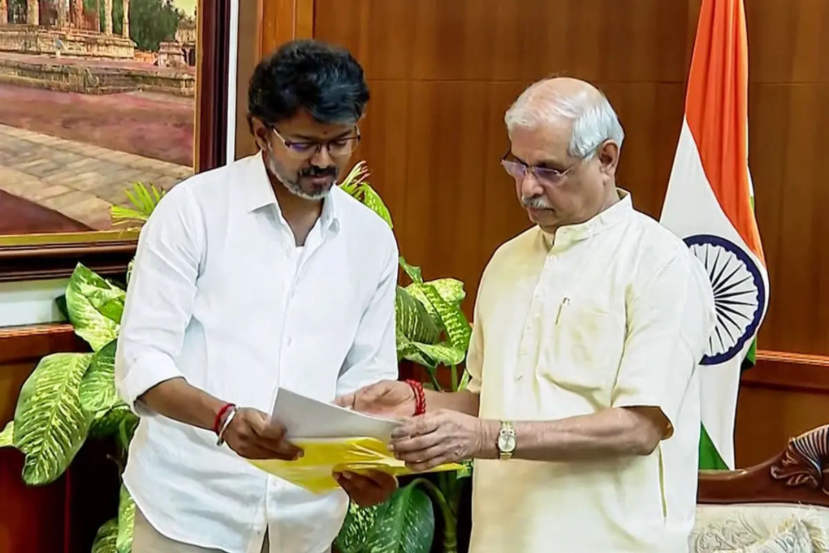 TVK chief and designated Tamil Nadu CM Vijay meets Tamil Nadu Governor Rajendra Arlekar.| Photo: ANI