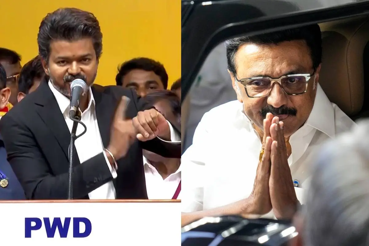 തമിഴ്നാട് മുഖ്യമന്ത്രി ജോസഫ് വിജയ്, മുൻ മുഖ്യമന്ത്രി എം.കെ. സ്റ്റാലിൻ | ഫോട്ടോ - എ.എൻ.ഐ., പി.ടി.ഐ.