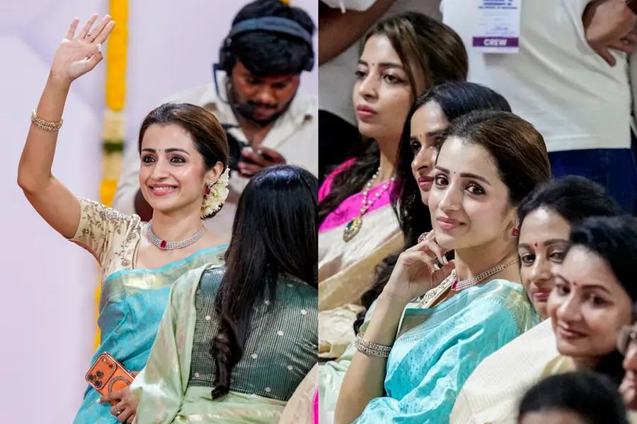 Trisha Shines in Silk Saree at Vijay’s Historic Swearing-in Ceremony as Tamil Nadu CM