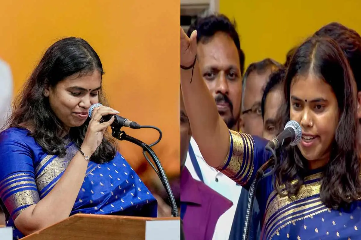 എസ്. കീര്‍ത്തന കഴിഞ്ഞദിവസം മന്ത്രിയായി സത്യപ്രതിജ്ഞ ചെയ്യുന്നതിന്റെ ദൃശ്യം | Photo: PTI