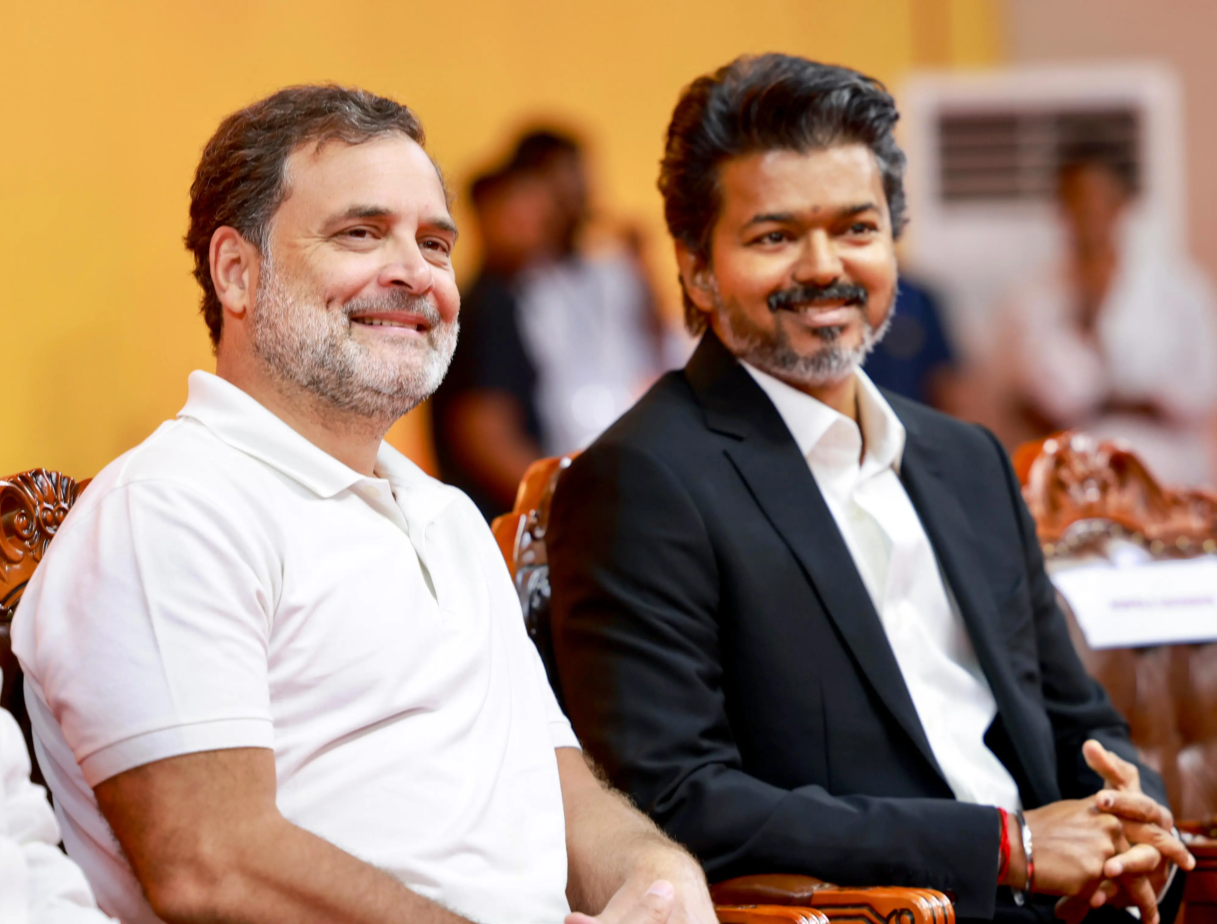 Lok Sabha LoP Rahul Gandhi with newly-elected Chief Minister of Tamil Nadu C Joseph Vijay during the Chief Minister's swearing-in ceremony, at the Jawaharlal Nehru Stadium, in Chennai on Sunday | Photo: ANI