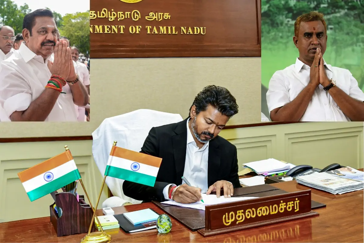 AIADMK General Secretary Edappadi K Palaniswami, Tamil Nadu Chief Minister and TVK chief C Joseph Vijay, and senior AIADMK leader SP Velumani.| Photo: PTI
