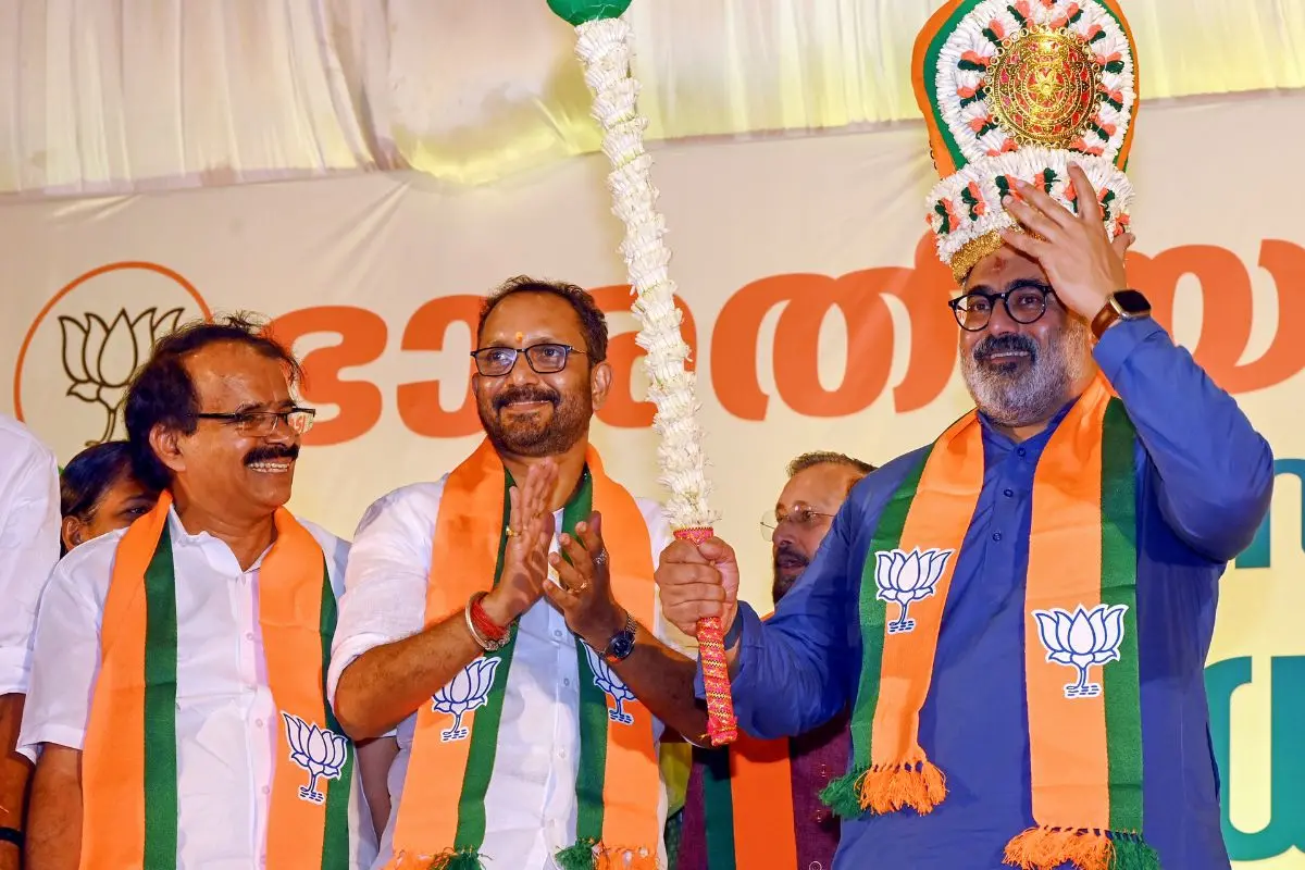 BJP Kerala President Rajeev Chandrasekhar with K Surendran and George Kurian (File photo: PTI)