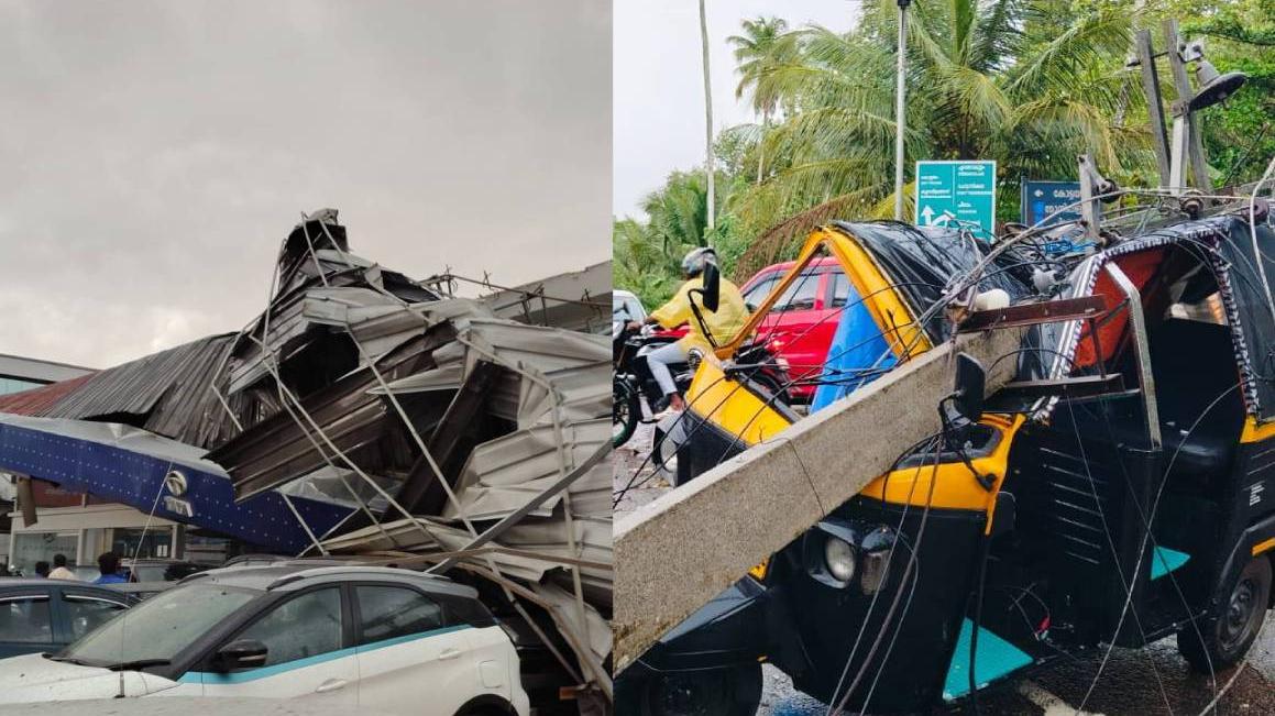 സംസ്ഥാനത്ത് വേനൽമഴയും ശക്തമായ കാറ്റും; കാർ ഷോറൂം തകർന്നു, ഓട്ടോയ്ക്ക് മുകളിൽ വൈദ്യുതി തൂൺ വീണു