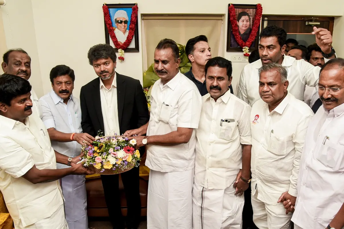 Tamil Nadu Chief Minister C Joseph Vijay with AIDMK leaders CV Shanmugam, SP Velumani and others during a meeting, in Chennai | Photo: PTI