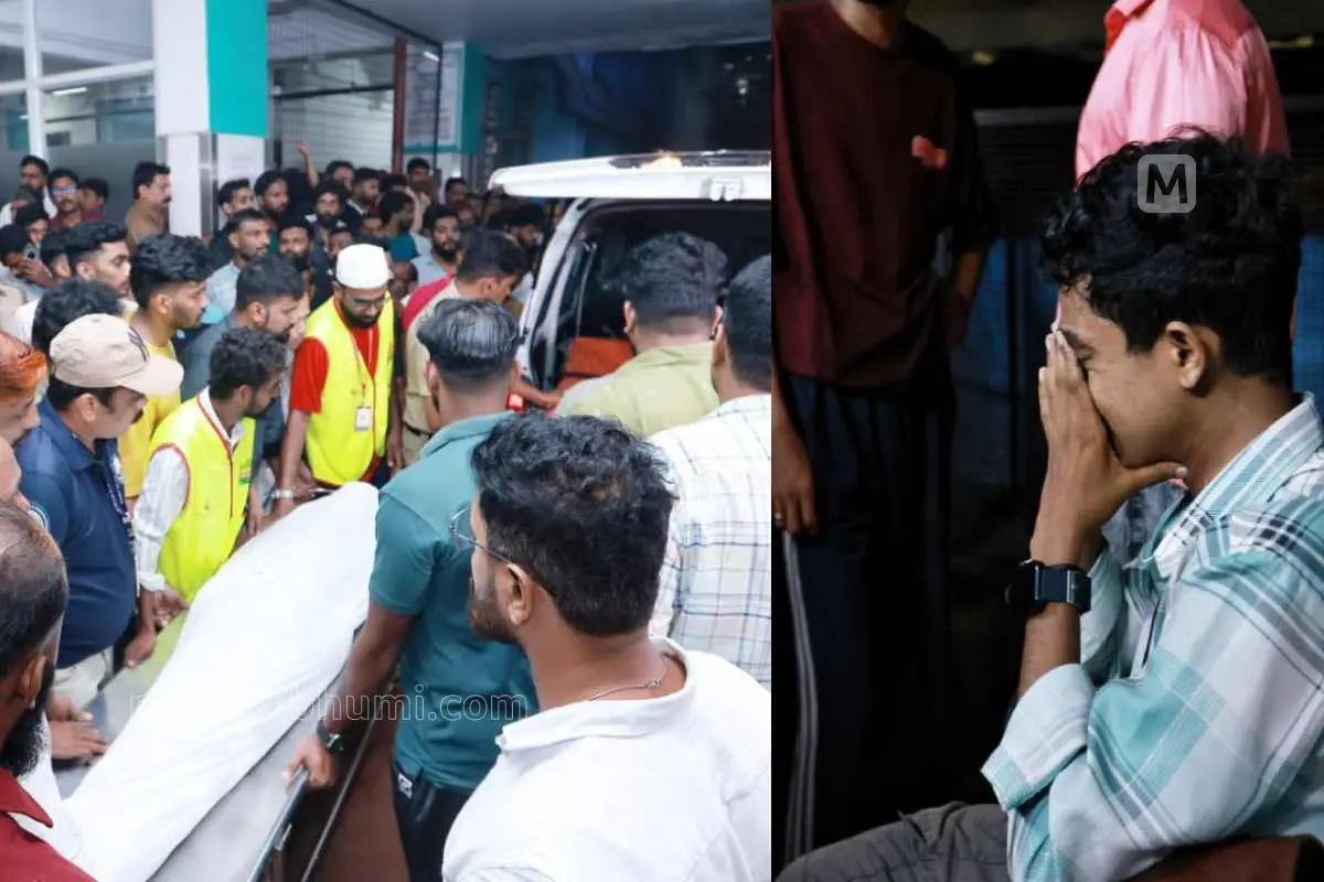 വിദ്യാര്ഥികളുടെ മൃതദേഹങ്ങള് മോര്ച്ചറിയിലേക്ക് കൊണ്ടുപോകുന്നു(ഇടത്ത്) അപകടവിവരമറിഞ്ഞ് പൊട്ടിക്കരയുന്ന വിദ്യാര്ഥികളുടെ സുഹൃത്തുക്കളിലൊരാള്(വലത്ത്) | ഫോട്ടോ: കെ.ബി. സതീഷ്കുമാര്/ മാതൃഭൂമി