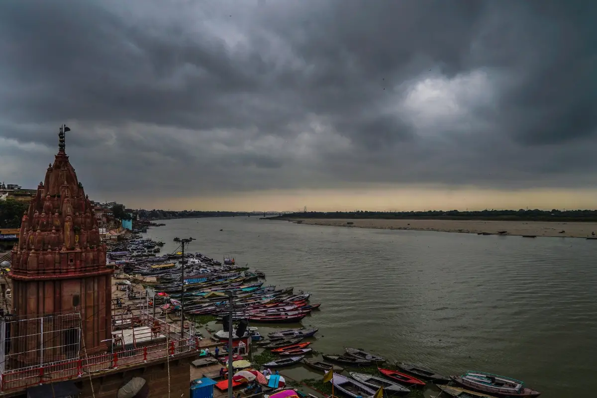 Dark clouds cover the skyline amid strong winds, at a ghat in Varanasi, Uttar Pradesh. Photo: PTI