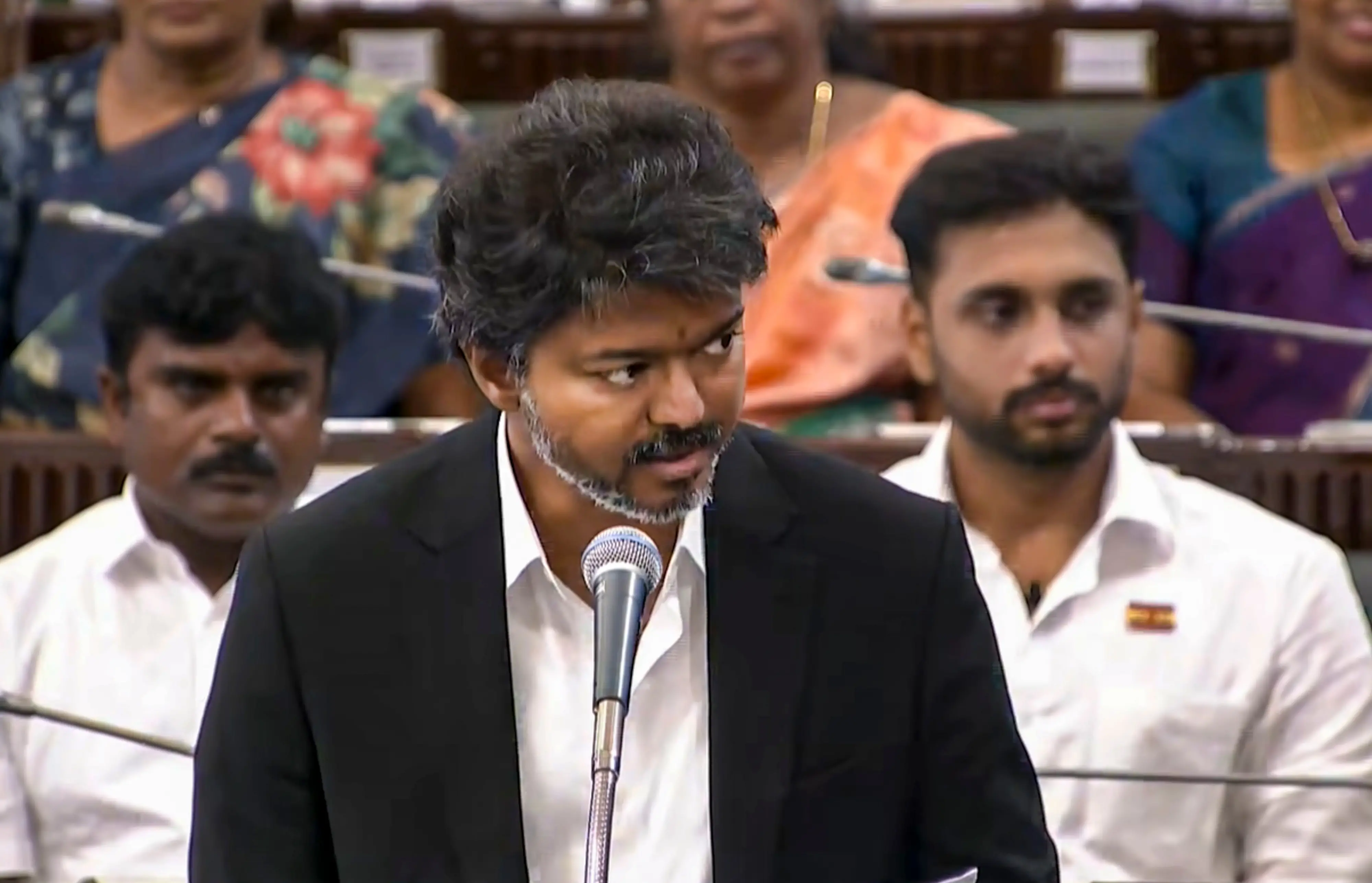 തമിഴ്നാട് മുഖ്യമന്ത്രി ജോസഫ് വിജയ് നിയമസഭയിൽ സംസാരിക്കുന്നു | Photo: @tamilnaduassembly/Yt via PTI Photo