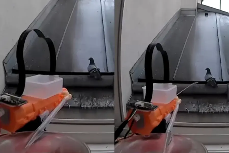 An AI-based automated water spraying machine mounted on a balcony to identify and scare away pigeons using computer vision