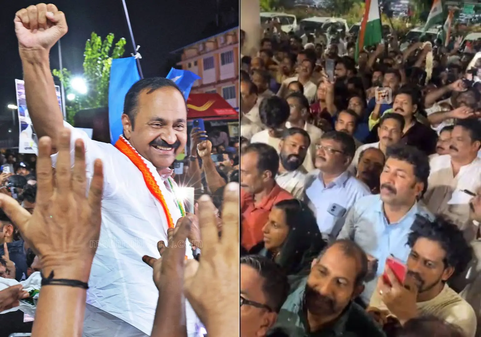 വി.ഡി. സതീശൻ (ഫയൽചിത്രം), നെടുമ്പാശേരി വിമാനത്താവളത്തിൽ സതീശനെ സ്വീകരിക്കാൻ എത്തിച്ചേർന്ന യുഡിഎഫ് പ്രവർത്തകർ | Photo: Mathrubhumi