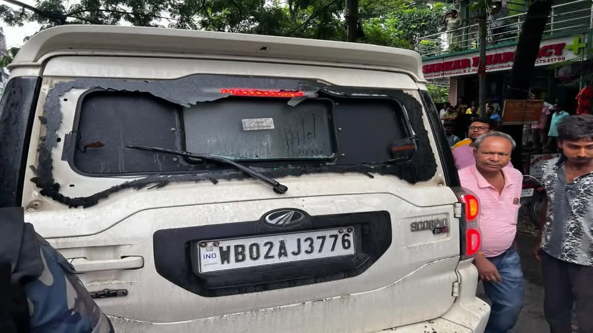 Damaged rear windshield of Suvendu Adhikari's convoy vehicle after the alleged attack in West Bengal's Cooch Behar district.