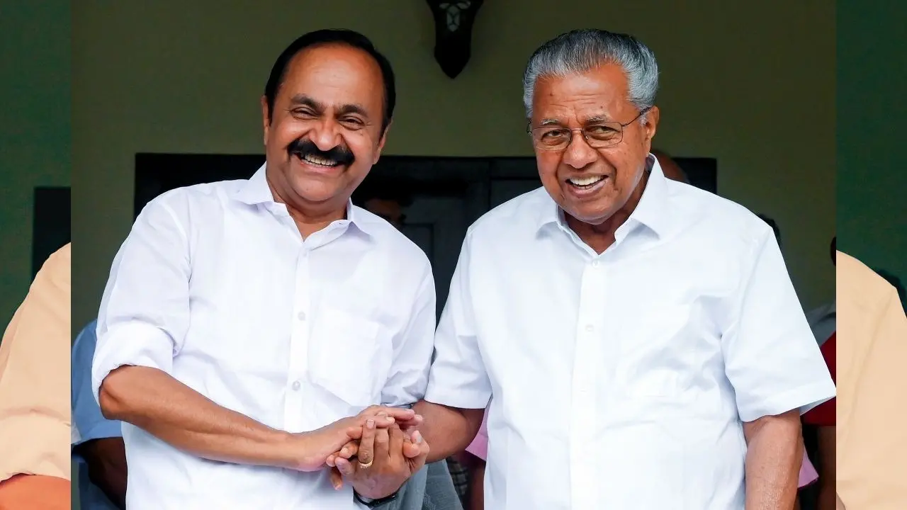 നിയുക്തമുഖ്യമന്ത്രി വി.ഡി. സതീശന്‍ നിയുക്ത പ്രതിപക്ഷനേതാവ് പിണറായി വിജയനെ തിരുവനന്തപുരത്തെ വാടകവീട്ടില്‍ സന്ദര്‍ശിച്ചപ്പോള്‍ | Photo: PTI