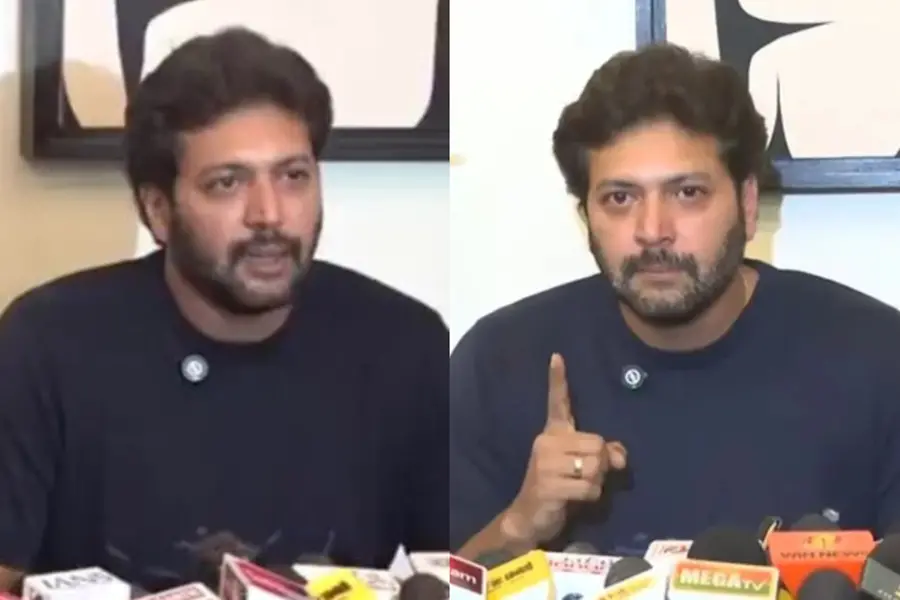 Actor Ravi Mohan speaking emotionally during a press conference in Chennai about his marital status and acting career
