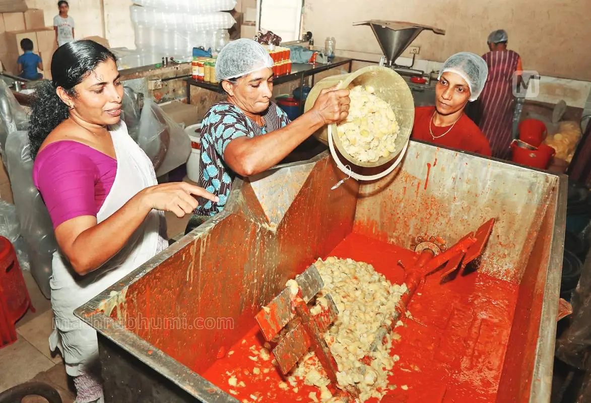 അച്ചാര് നിര്മാണ യൂണിറ്റിലെ തൊഴിലാളികള്ക്കൊപ്പം സന്ധ്യ | Photo: Mathrubhumi