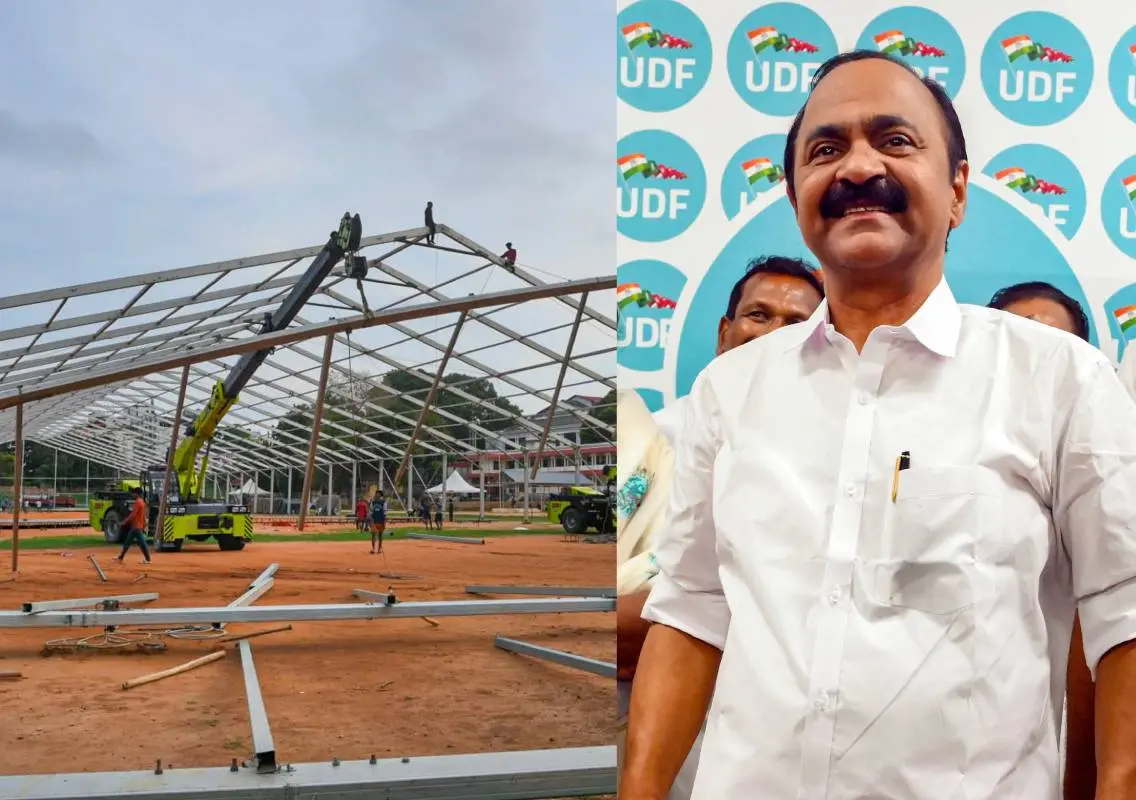 തിരുവനന്തപുരത്തെ സെൻട്രൽ സ്റ്റേഡിയത്തിൽ സത്യപ്രതിജ്ഞാ ചടങ്ങിനുള്ള ഒരുക്കങ്ങൾ വി.ഡി. സതീശൻ, | PHOTO: PTI