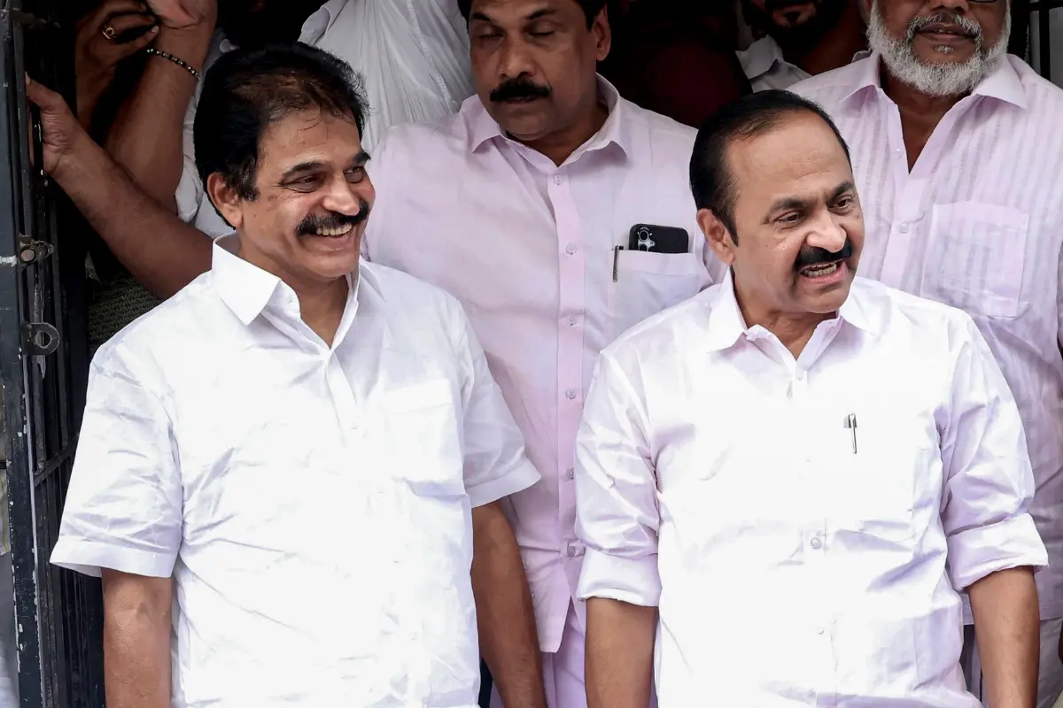 Kerala Chief Minister-designate VD Satheesan, right, with Congress MP KC Venugopal, in Thiruvananthapuram.| Photo: PTI