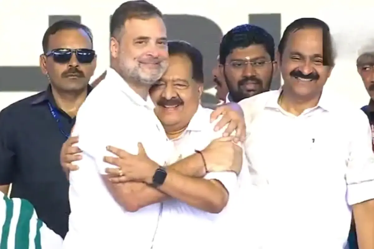Ramesh Chennithala after taking oath as Kerala Home Minister with Chief Minister V. D. Satheesan and Congress leader Rahul Gandhi during the swearing-in ceremony in Kerala.| Screengrab: ANI