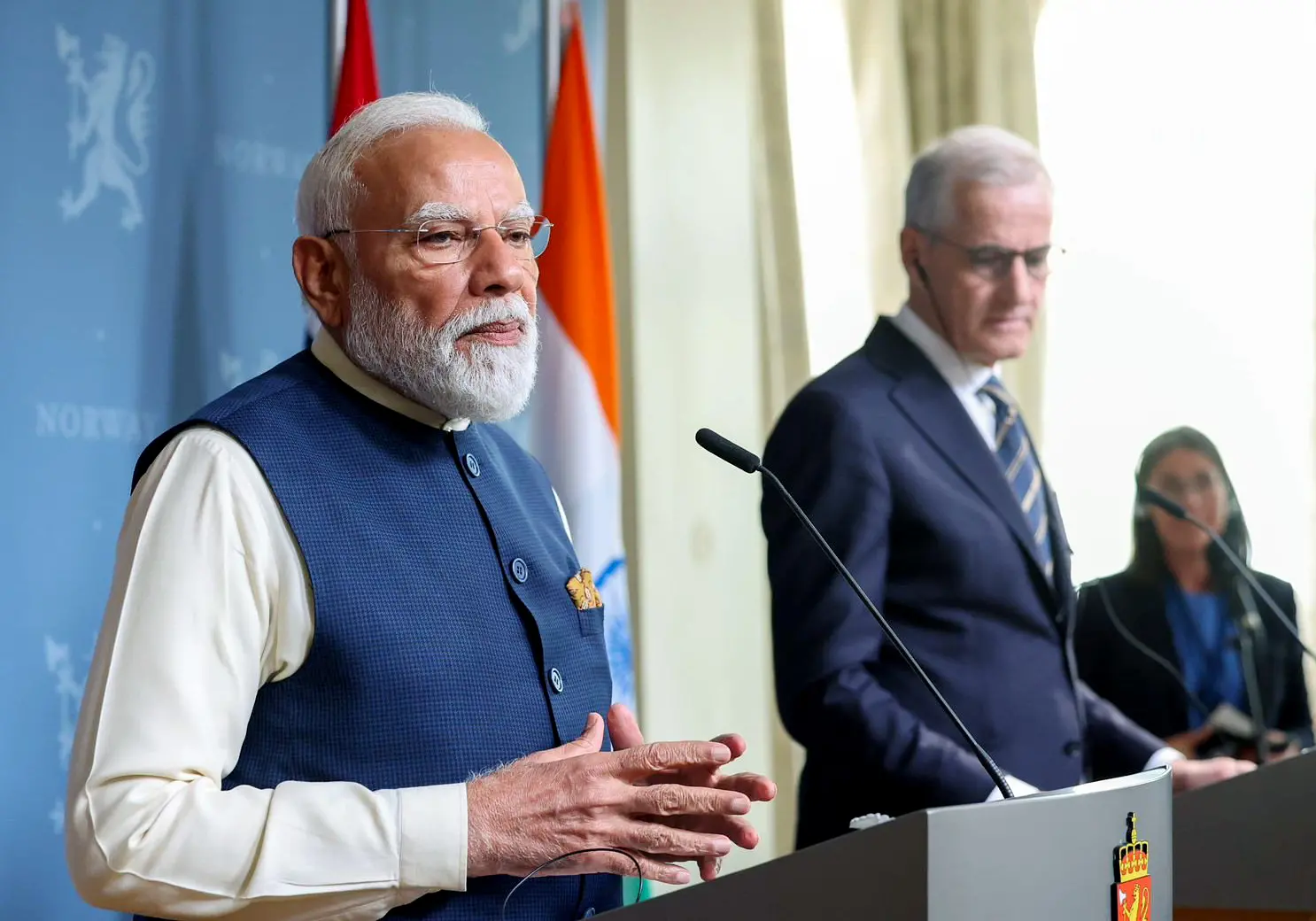 Prime Minister Narendra Modi speaks at the joint press statement with Prime Minister of Norway, Jonas Gahr Store (unseen), in Oslo