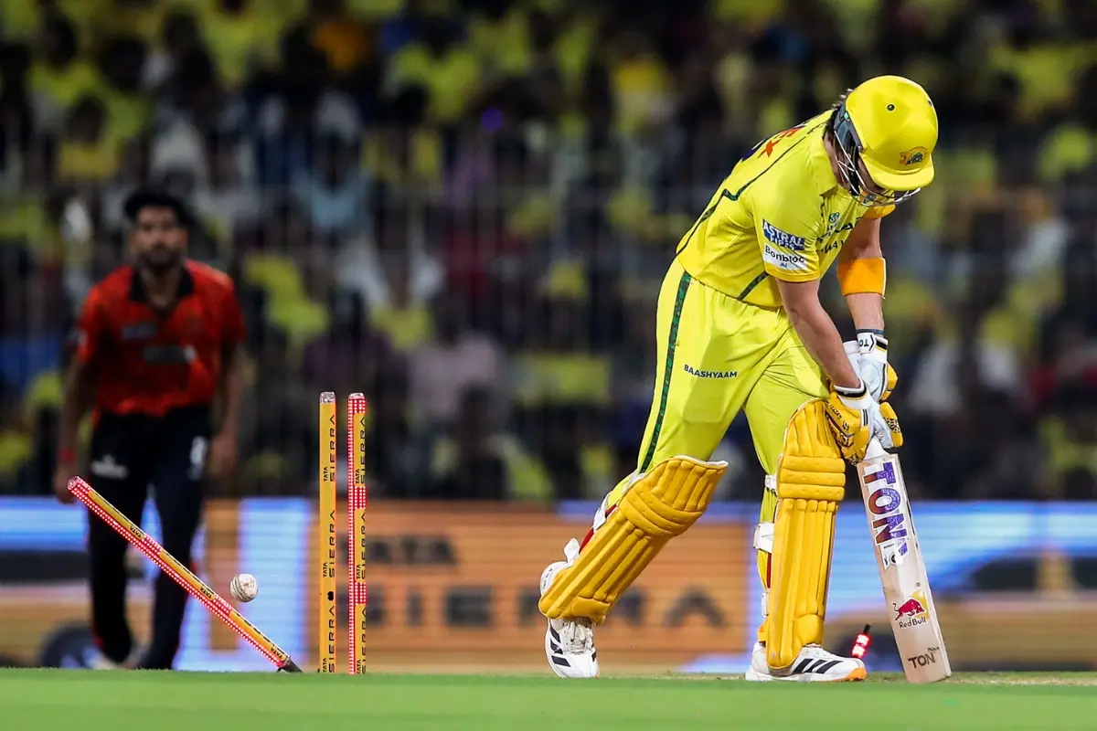 Chennai Super Kings' Dewald Brevis gets bowled by Sunrisers Hyderabad's Eshan Malinga | Photo: ANI