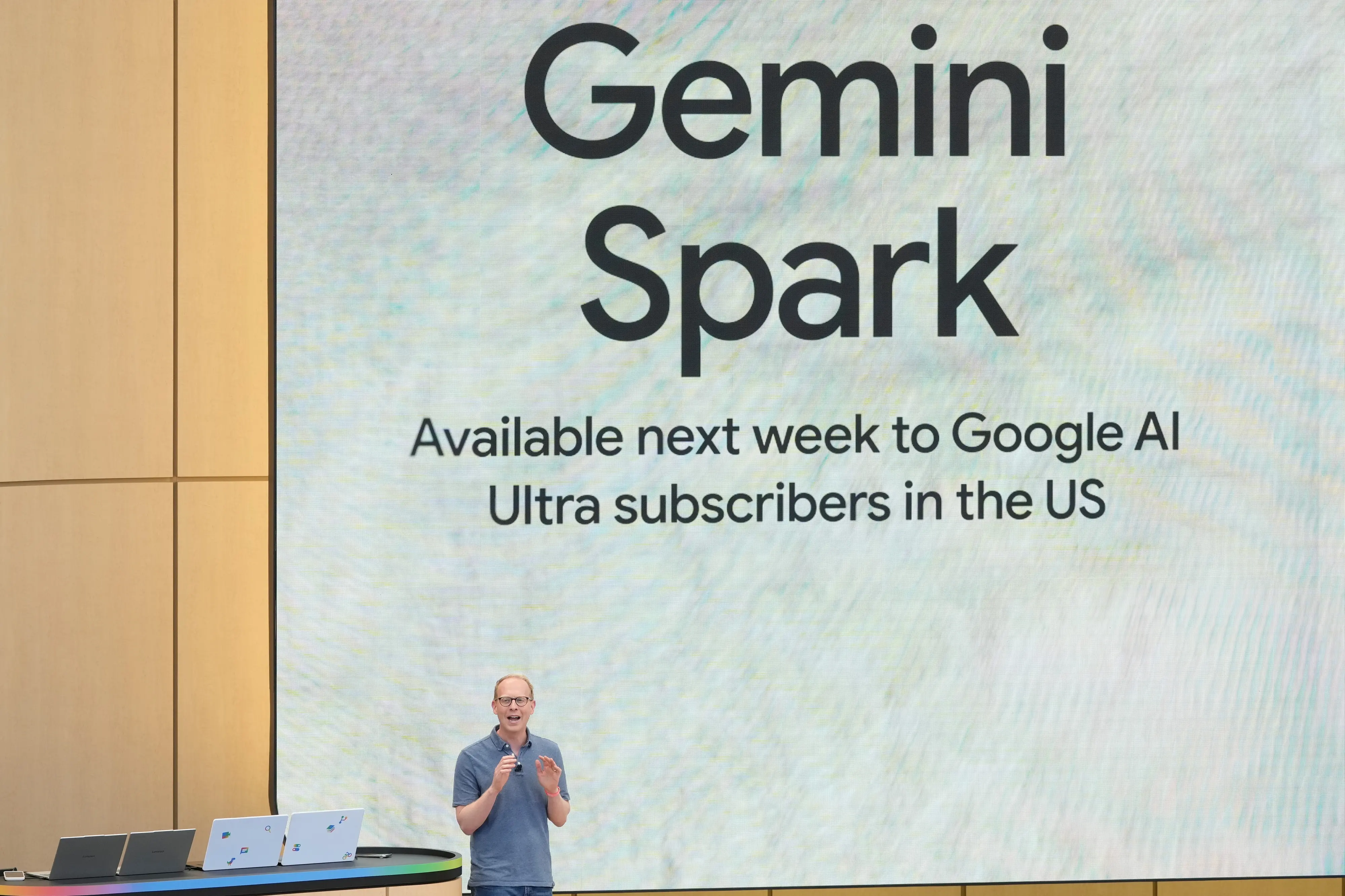 Josh Woodward, vice president of Google Labs and Gemini, speaks about Gemini Spark at a Google I/O event in Mountain View, Calif., Tuesday, May 19, 2026. (AP Photo/Jeff Chiu)