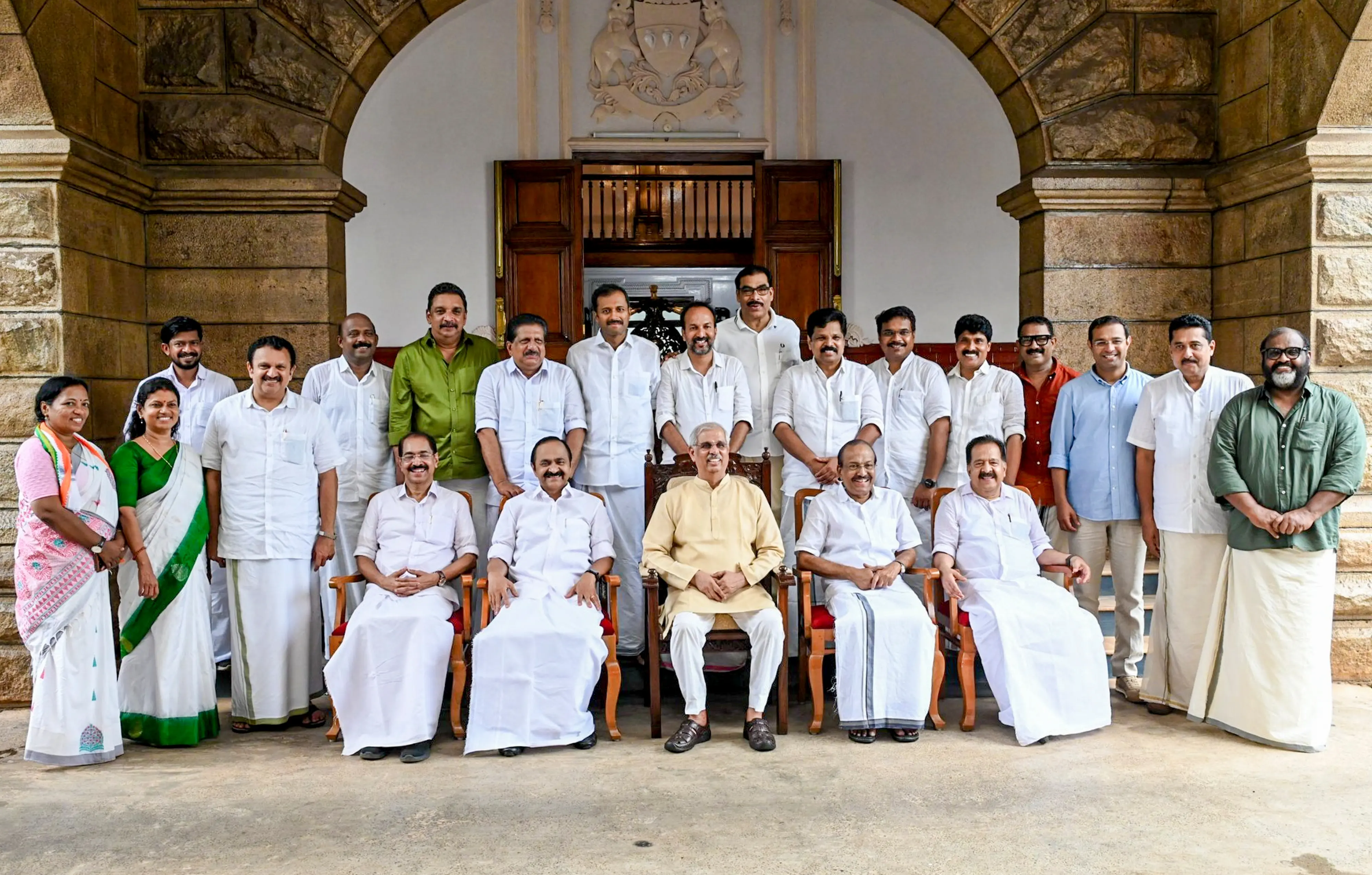 Kerala Governor Rajendra Vishwanath Arlekar with newly sworn-in state Chief Minister VD Satheesan and the Council of Ministers after the swearing-in ceremony of the state government in Thiruvananthapuram | Photo: PTI