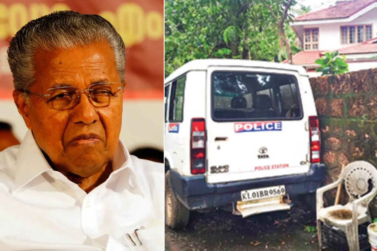 പിണറായി വിജയൻ, പിണറായി പാണ്ഡ്യാലമുക്കിൽ നിയുക്ത പ്രതിപക്ഷ നേതാവ് പിണറായി വിജയന്റെ വീടിന്റെ മതിലിനോടുചേർന്ന് നിർത്തിയിട്ടിരിക്കുന്ന പോലീസ് ജീപ്പ്
