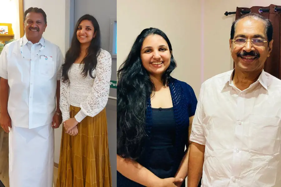 Actress Rini Ann George posing for photographs alongside Kerala UDF cabinet ministers K. Muraleedharan, Sunny Joseph, P.C. Vishnunath, and Roji M. John