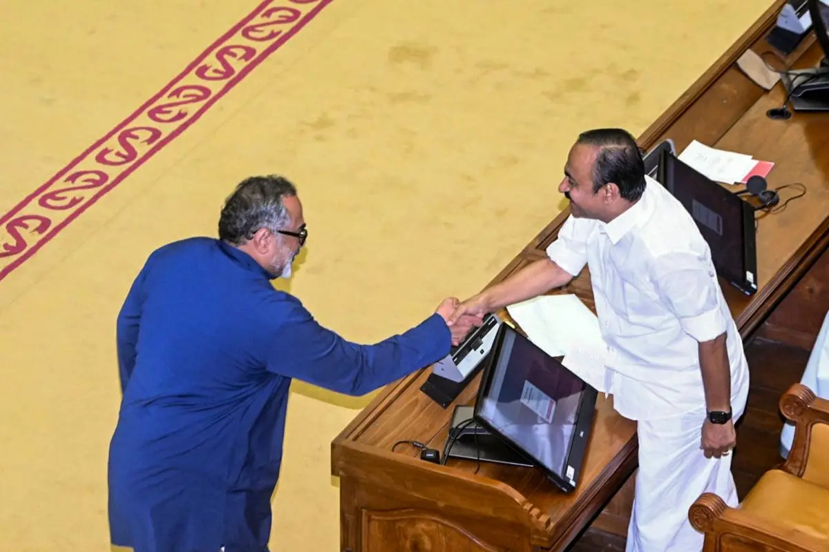 Kerala Chief Minister V D Satheesan congratulates BJP leader Rajeev Chandrasekhar after he took oath as MLA from Nemom during the swearing-in ceremony of the newly elected MLAs of the 16th state Legislative Assembly, in Thiruvananthapuram (Photo: PTI)