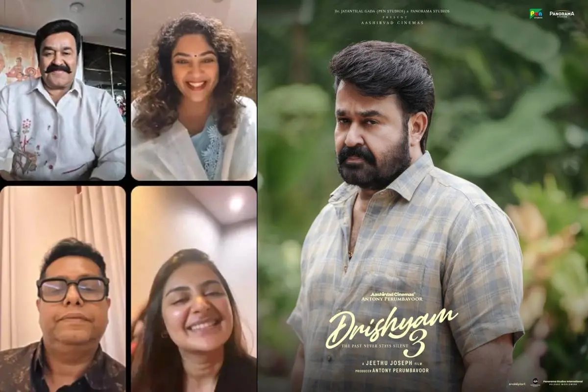 മോഹൻലാൽ ഇൻസ്റ്റാ​ഗ്രാമിൽ പോസ്റ്റ് ചെയ്ത വീഡിയോയിൽനിന്ന്, ദൃശ്യം 3 എന്ന ചിത്രത്തിന്റെ പോസ്റ്റർ | സ്ക്രീൻ​ഗ്രാബ്, Facebook