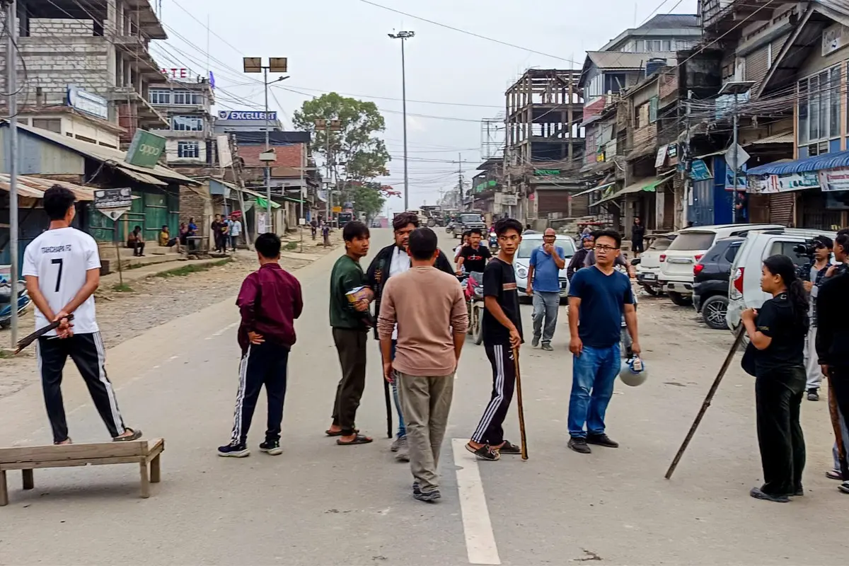 People block a road after the normal life was paralysed by shutdowns called by the Kuki Zo and Naga communities against the killing of three church leaders and a civilian | Photo: PTI