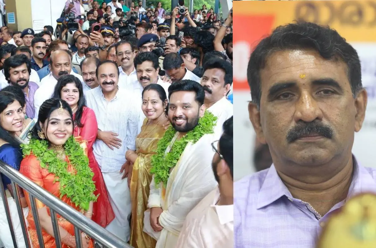 മന്ത്രി എ.പി അനില്‍ കുമാറിന്റെ മകന്റെ വിവാഹച്ചടങ്ങില്‍ മുഖ്യമന്ത്രി വി.ഡി.സതീശന്‍ പങ്കെടുത്തപ്പോള്‍, ബി. ഗോപാലകൃഷ്ണൻ | Photo: mathrubhumi