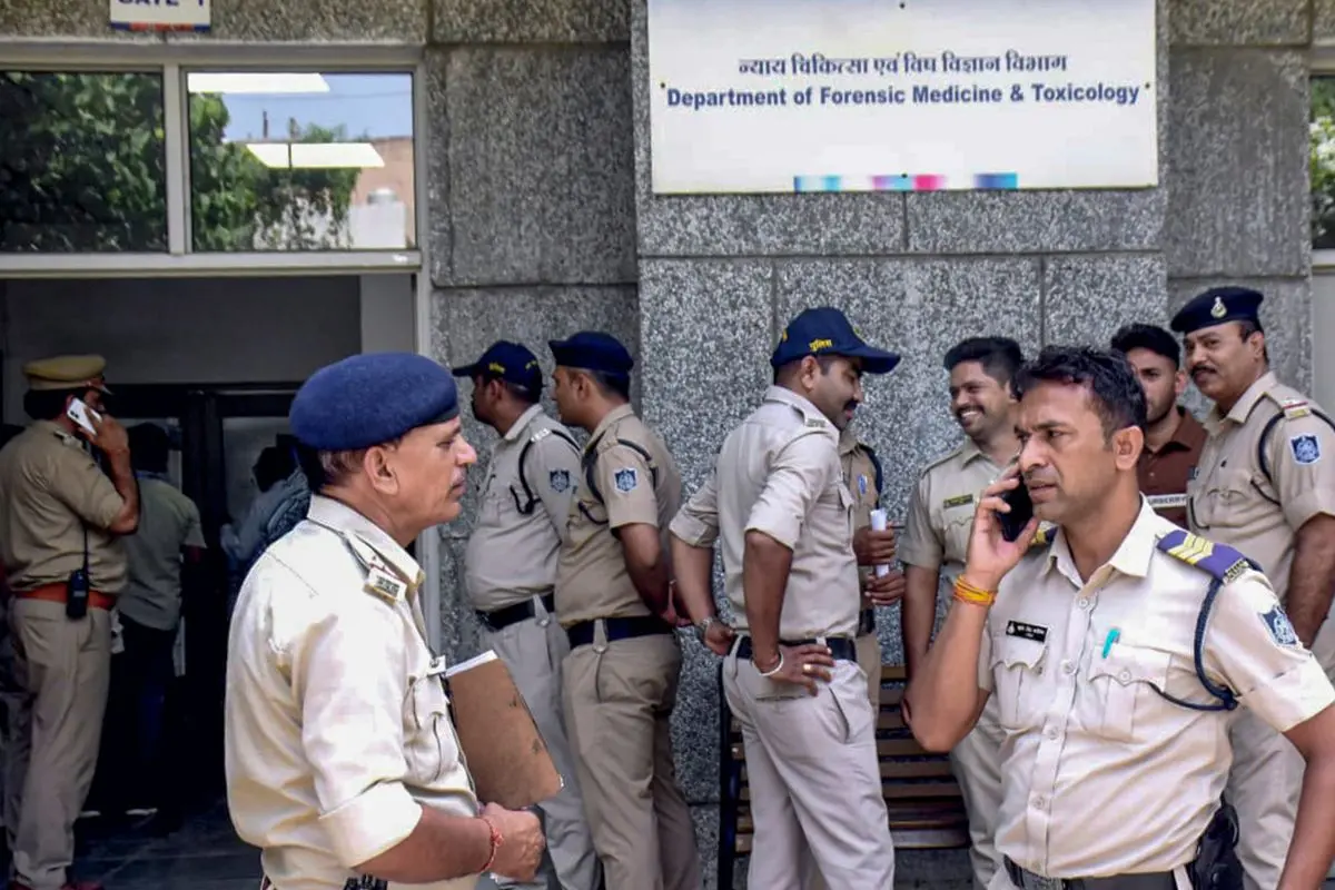 Security heightened outside AIIMS Bhopal as the family members of former model-turned-actor Twisha Sharma, take the mortal remains of Twisha after the second postmortem for last rites, at , Sunday, May 24, 2026 (Photo: PTI)