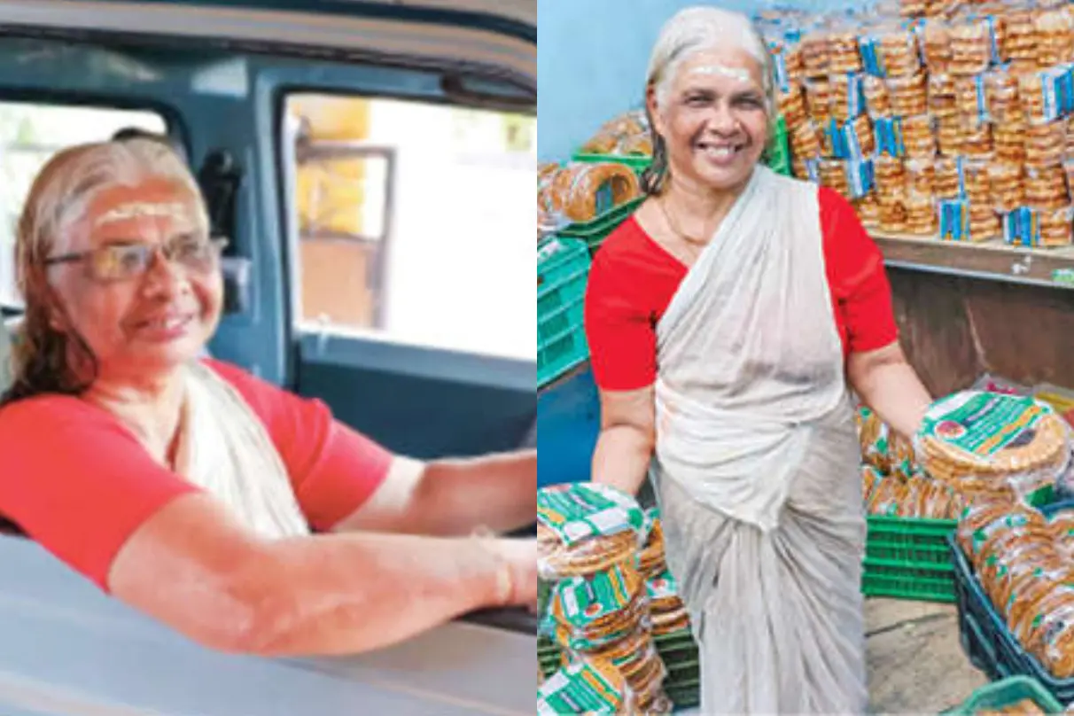 രമാകുമാരി തന്റെ വാഹനത്തിൽ, രമാകുമാരി അമ്മ തന്റെ പലഹാരയൂണിറ്റിൽ