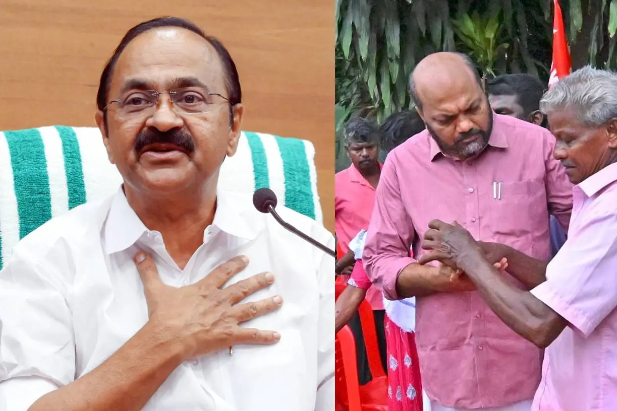 മുഖ്യമന്ത്രി വി.ഡി.സതീശന്, പര്യത്തുകാവില് പ്രതിഷേധത്തിനെത്തിയ മുന് മന്ത്രി പി.രാജീവ്