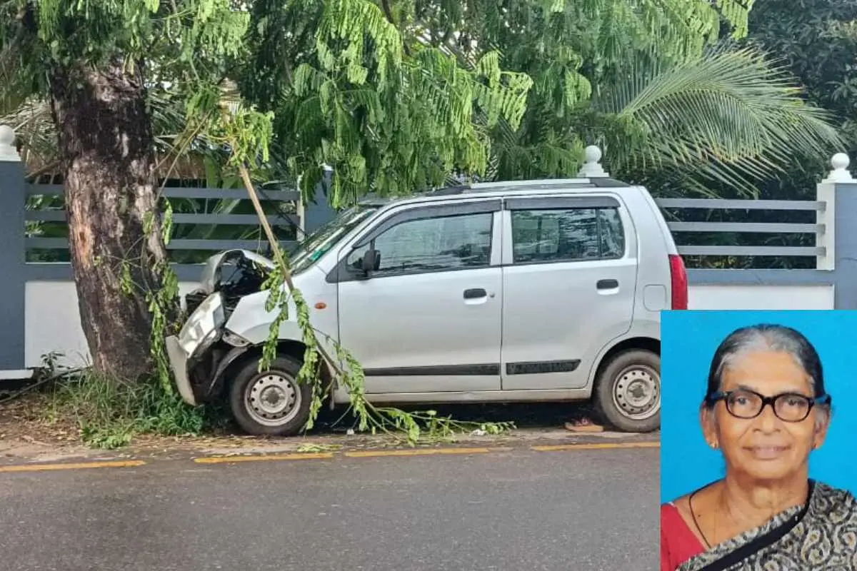 അപകടത്തില്പ്പെട്ട കാര്. ഇന്സെറ്റില് മരിച്ച ഏലിക്കുട്ടി