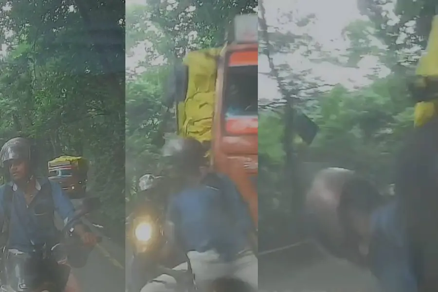താമരശ്ശേരി ചുരത്തിൽ നിയന്ത്രണം വിട്ട ലോറി ബൈക്ക് യാത്രക്കാരനെ ഇടിച്ച് തെറിപ്പിച്ച് മറിഞ്ഞു|Video