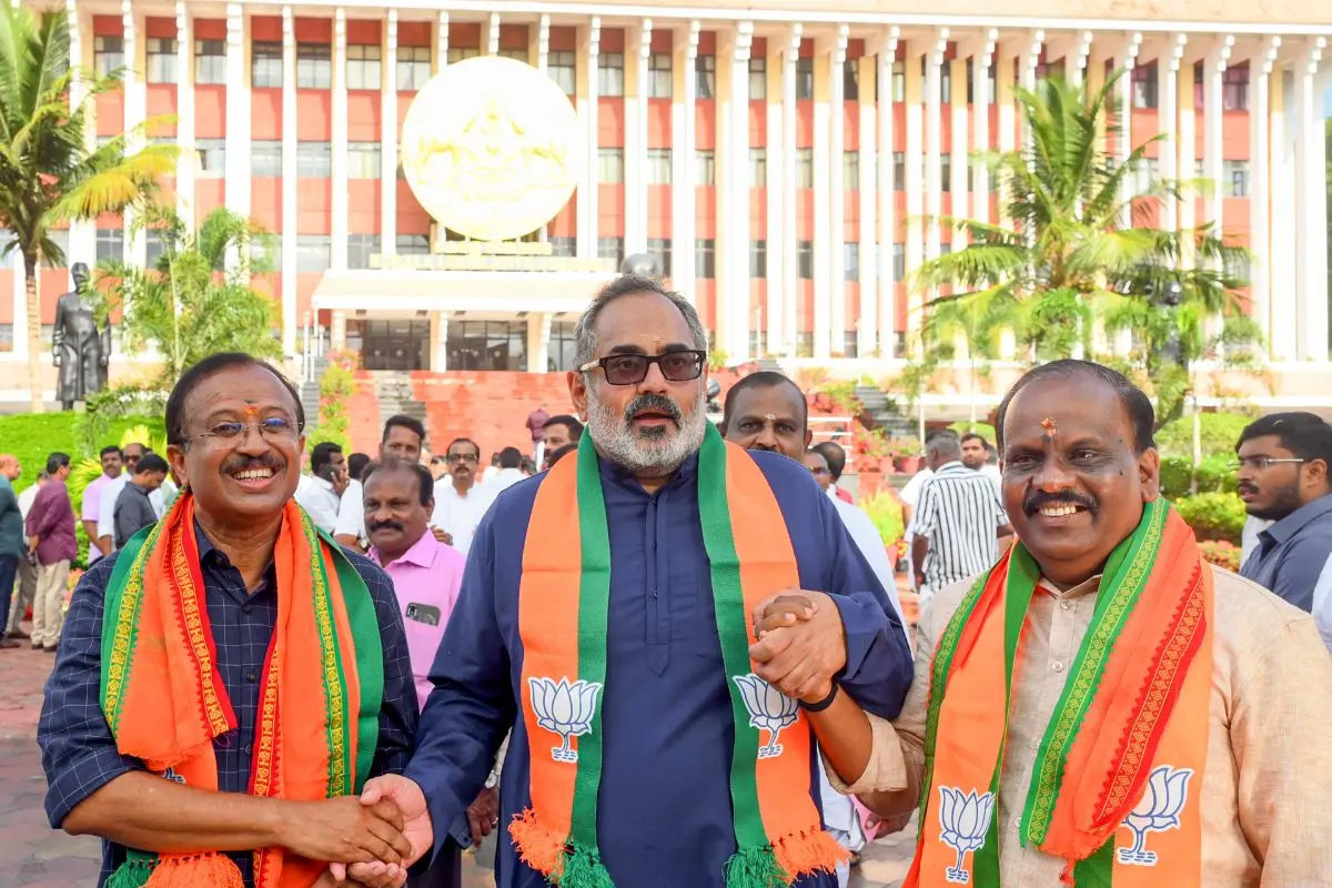 Kerala BJP MLAs V Muraleedharan, Rajeev Chandrasekhar and B B Gopakumar | Photo: PTI