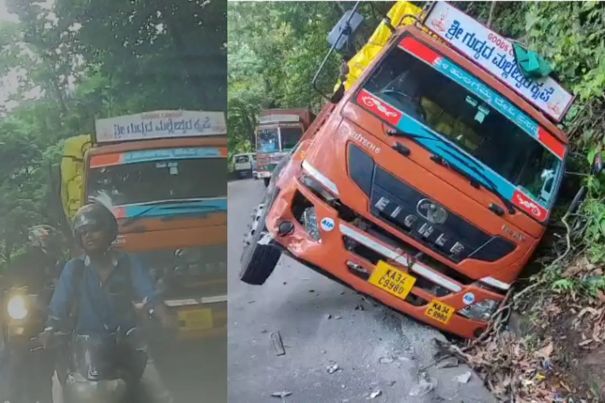 കാറിന്റെ ഡാഷ് ക്യാമറയിൽ പതിഞ്ഞ ദൃശ്യത്തിൽനിന്ന്, അപകടത്തിൽപ്പെട്ട ലോറി
