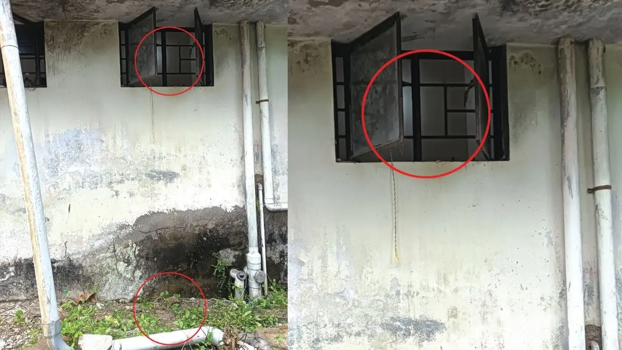ഹരിപ്പാട് ഗവ. ആശുപത്രിയിൽ ചോരക്കുഞ്ഞിനെ അമ്മ പുറത്തേക്കെറിഞ്ഞ ശൗചാലയത്തിന്റെ ജനലിലെ വിടവ്. താഴെ കുഞ്ഞ് വീണ സ്ഥലം