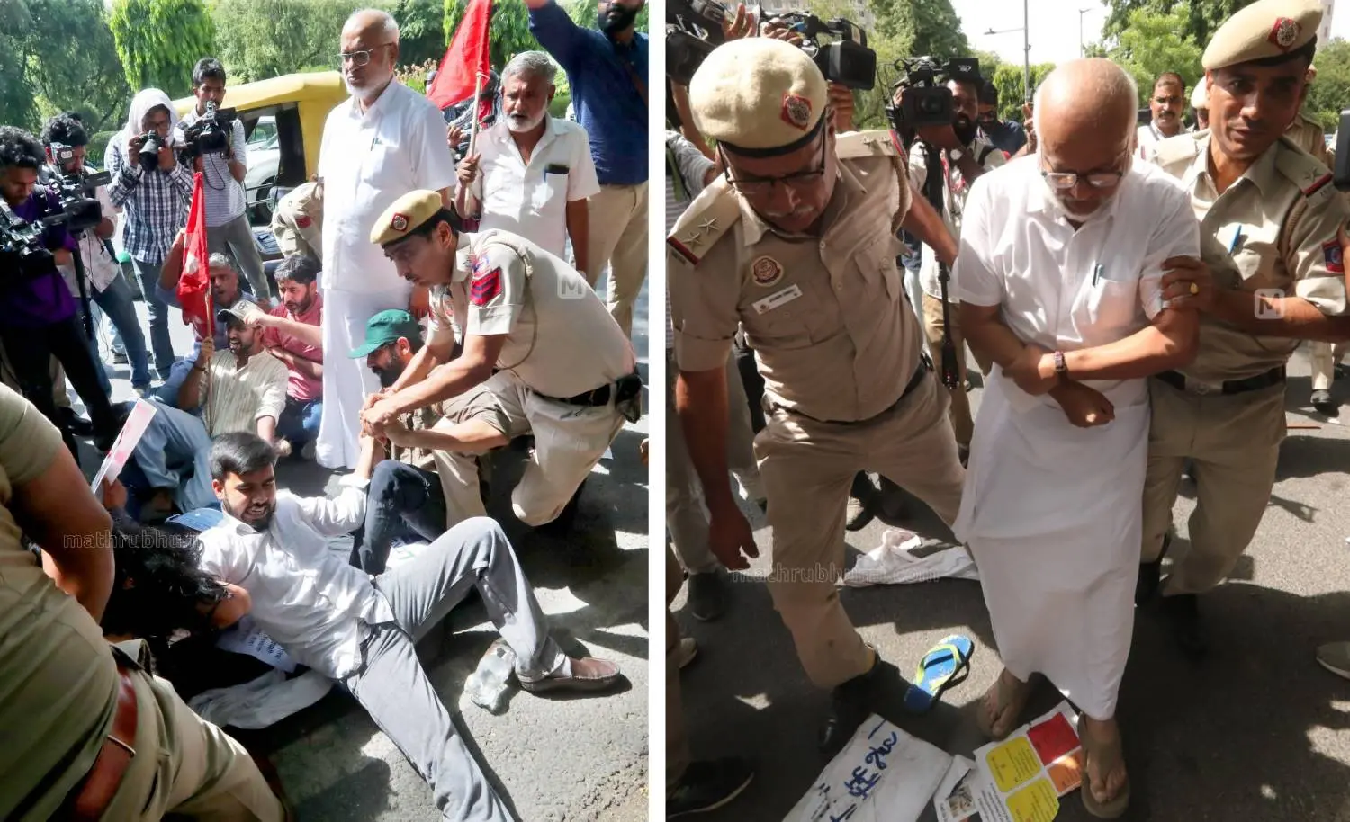 Police arrest and remove CPM workers who formed a human shield around general secretary M A Baby during a protest march to the ED office in Delhi against the raid at the residence of Leader of the Opposition Pinarayi Vijayan; M A Baby is forcibly taken into custody by the police | Photo: Sabu Scariachan