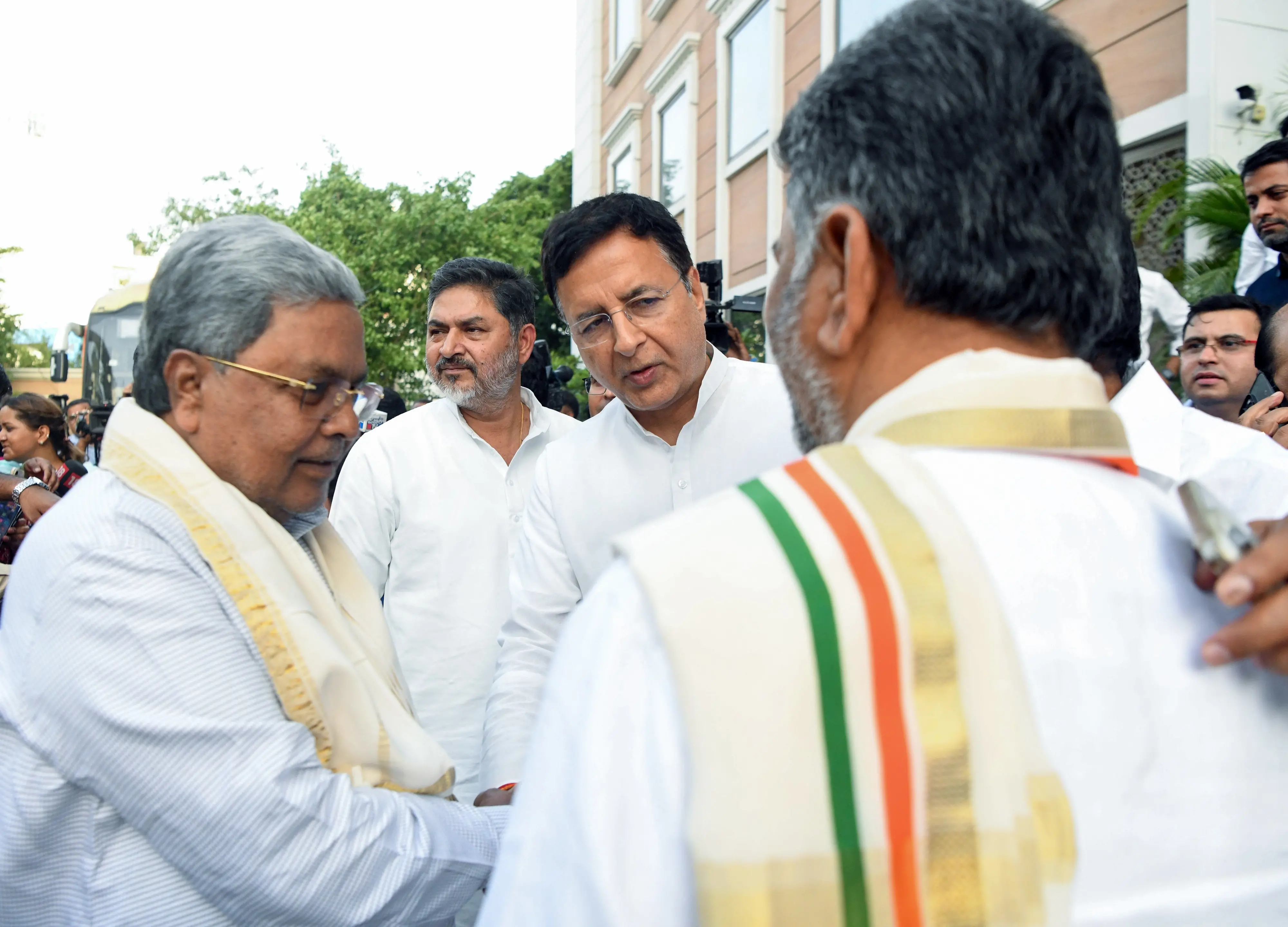 Karnataka Chief Minister Siddaramaiah, Karnataka Deputy CM DK Shivakumar, and Congress General Secretary Randeep Surjewala at Indira Bhavan