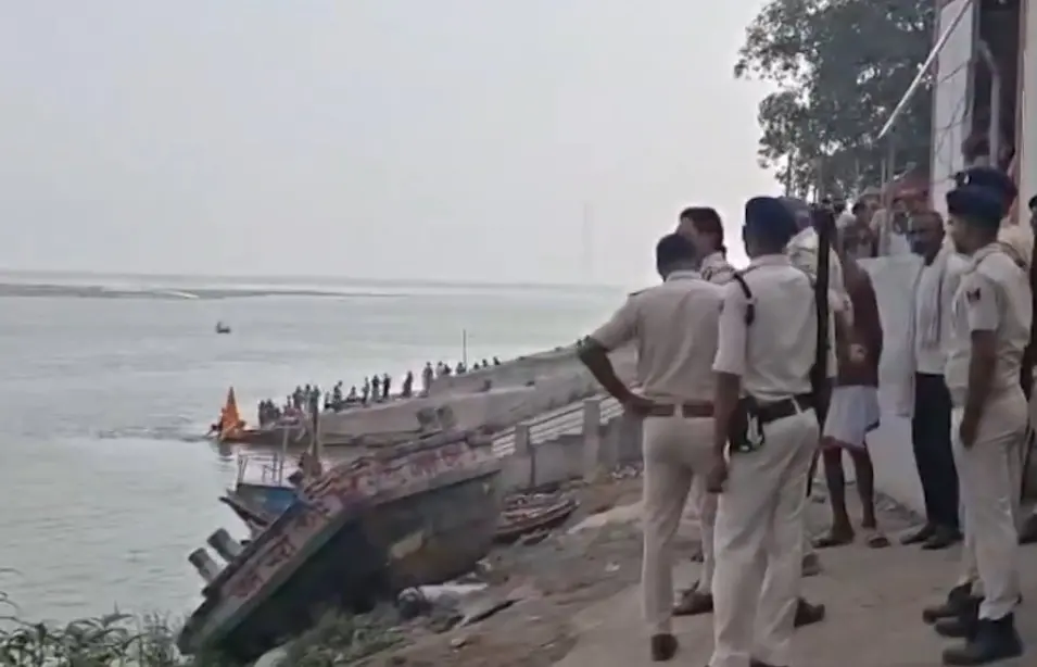 Police officials at the site of the boat accident in Bihar's Patna district | Photo: PTI Videos