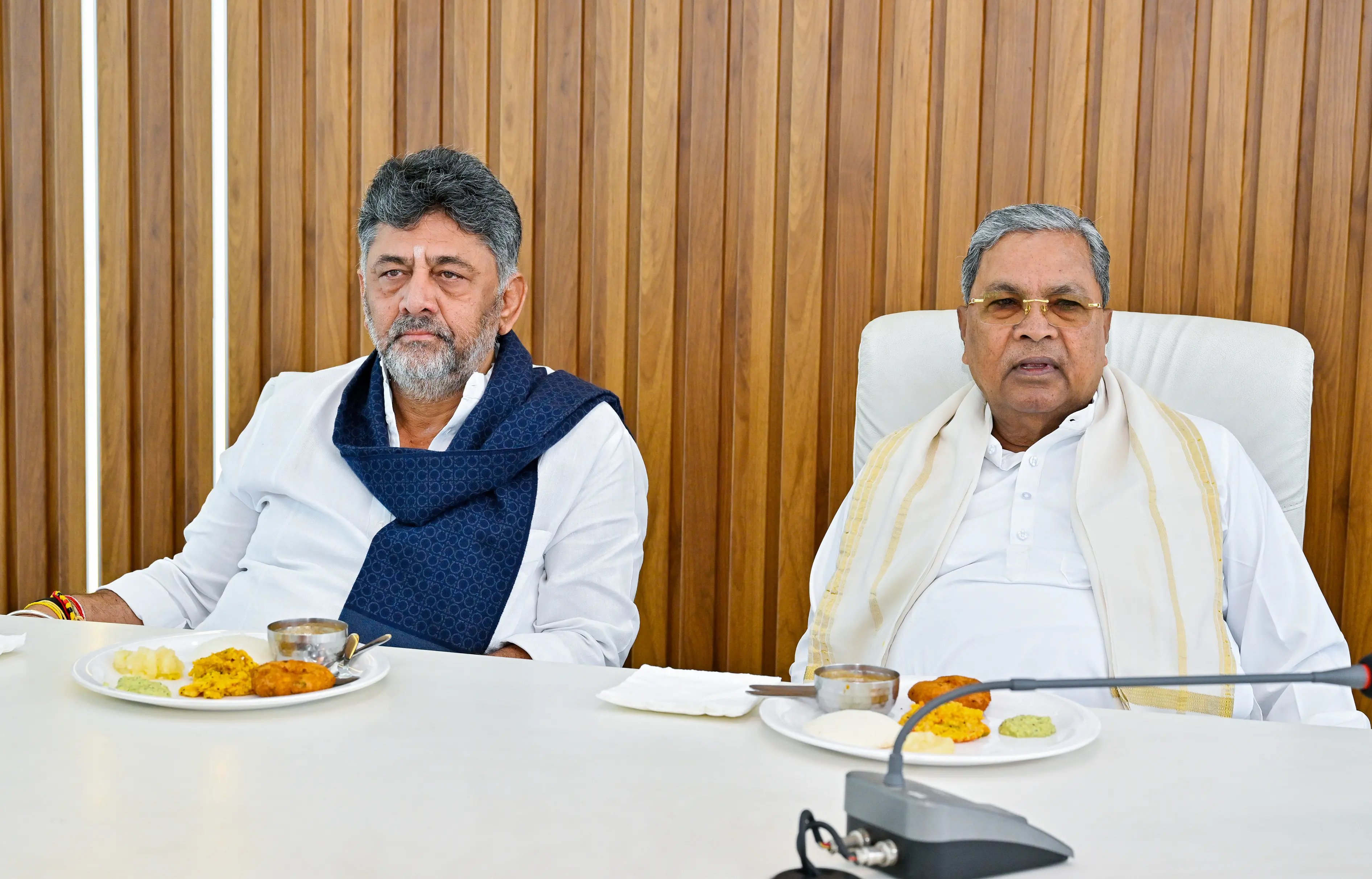 Karnataka Deputy CM DK Shivakumar and State Chief Minister Siddaramaiah during a breakfast meeting, in Bengaluru