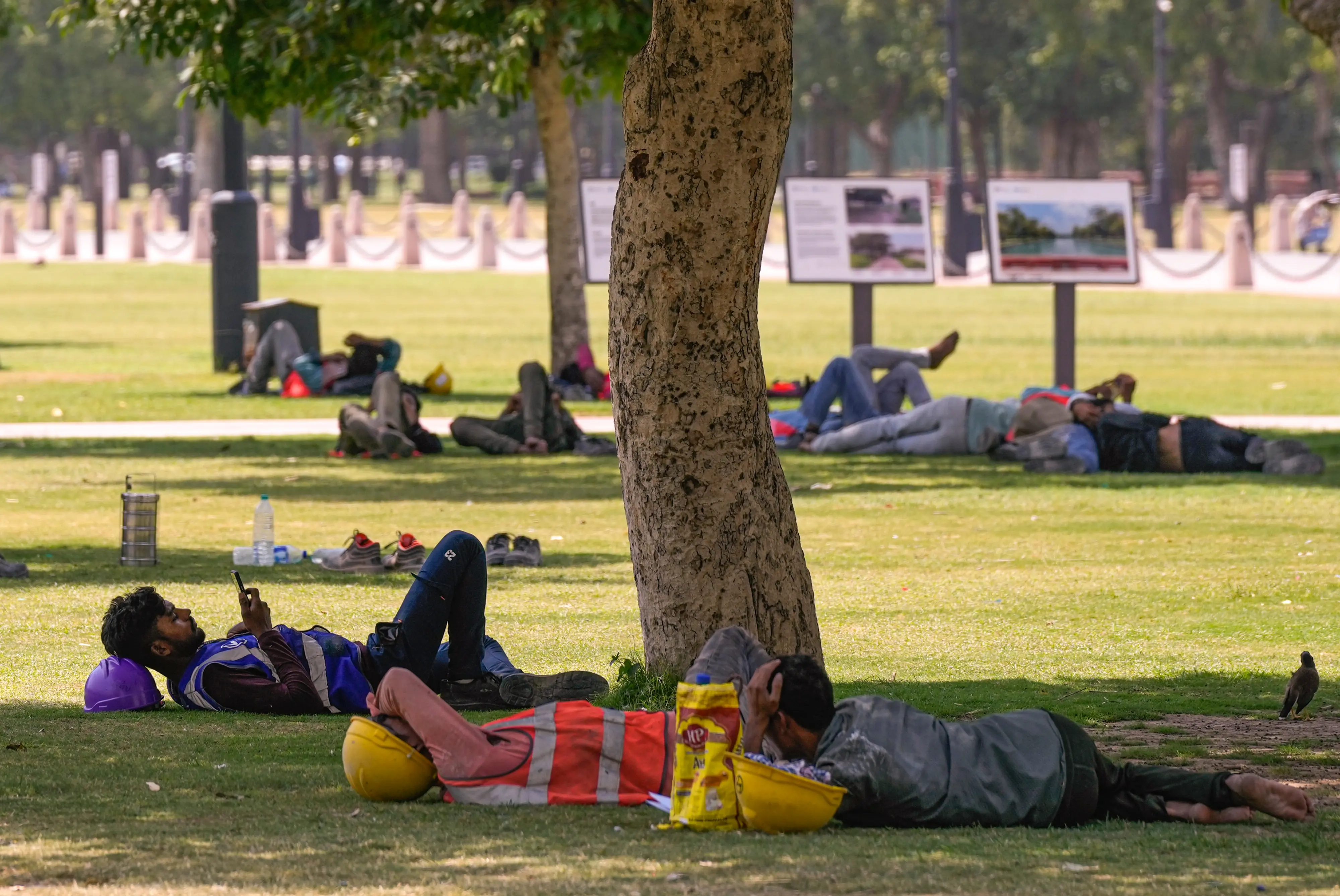 Workers and others rest at the India Gate lawns on a hot summer day in New Delhi | PTI
