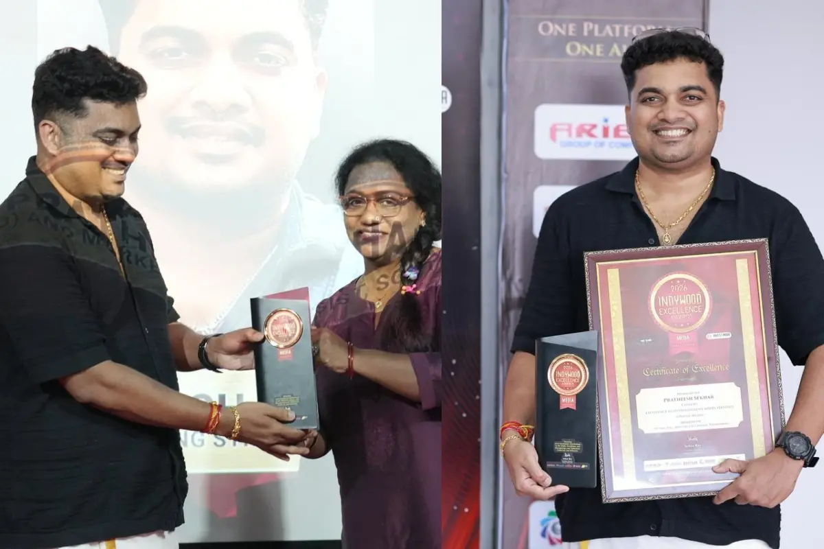 പ്രതീഷ് ശേഖര് പുരസ്കാരം ഏറ്റുവാങ്ങുന്നു, പ്രതീഷ് പുരസ്കാരവുമായി