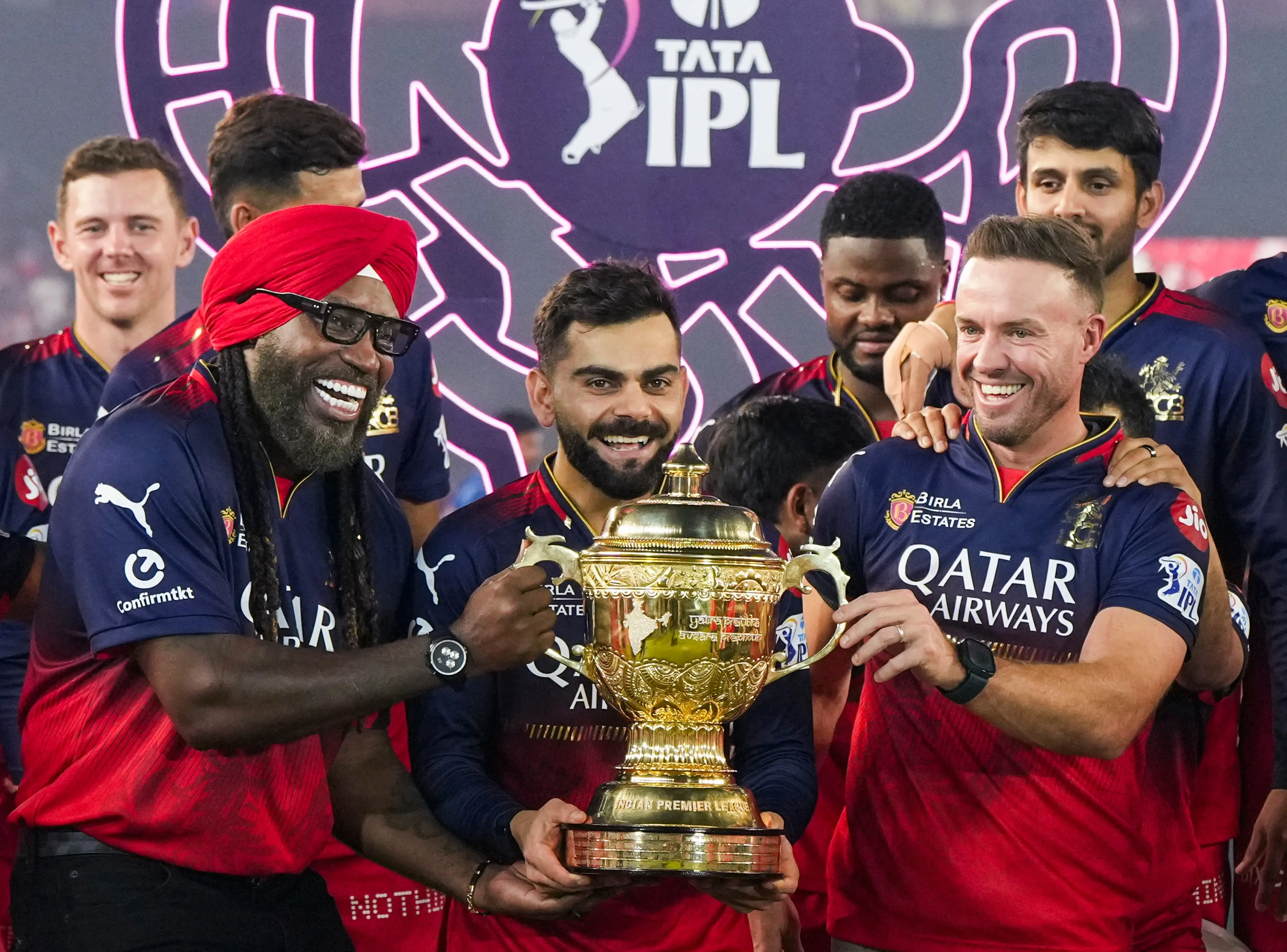 Royal Challengers Bengaluru's Virat Kohli and former cricketers Chris Gayle and AB de Villiers