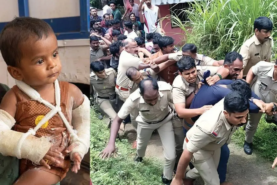 അർഷിത്, ഒന്നരവയസ്സുകാരൻ അർഷിതിനെ കൊലപ്പെടുത്തിയ കേസിൽ പനവൂർ കരിക്കുഴിയിലെ വീട്ടിൽ തെളിവെടുപ്പിനെത്തിച്ചപ്പോൾ അക്രമാസക്തമായ ജനക്കൂട്ടത്തിൽനിന്നു പ്രതി അഷ്കറിനെ പോലീസ് സുരക്ഷിതമായി മാറ്റുന്നു