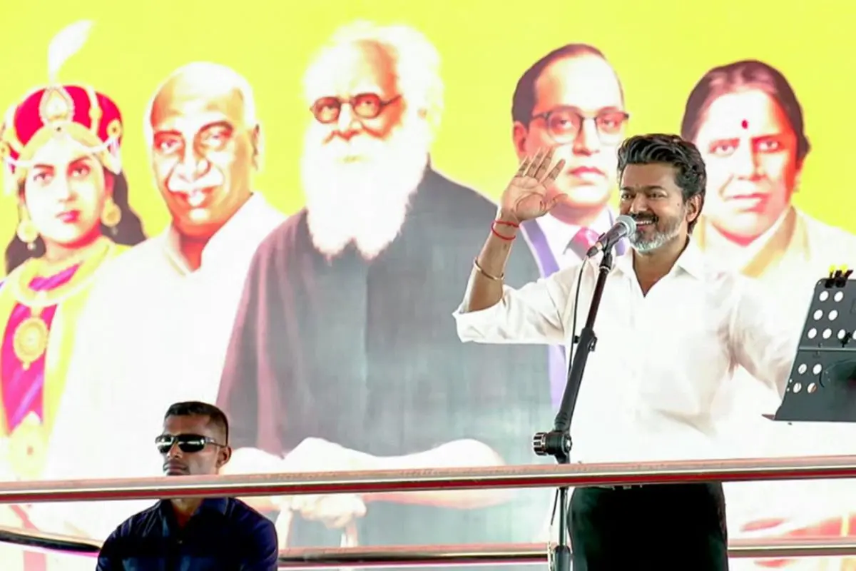 Tamil Nadu Chief Minister C. Joseph Vijay speaks during a public meeting at the St. Joseph's College ground, in Tiruchirappalli on Monday. (Tamilaga Vettri Kazhagam/ANI Video Grab)