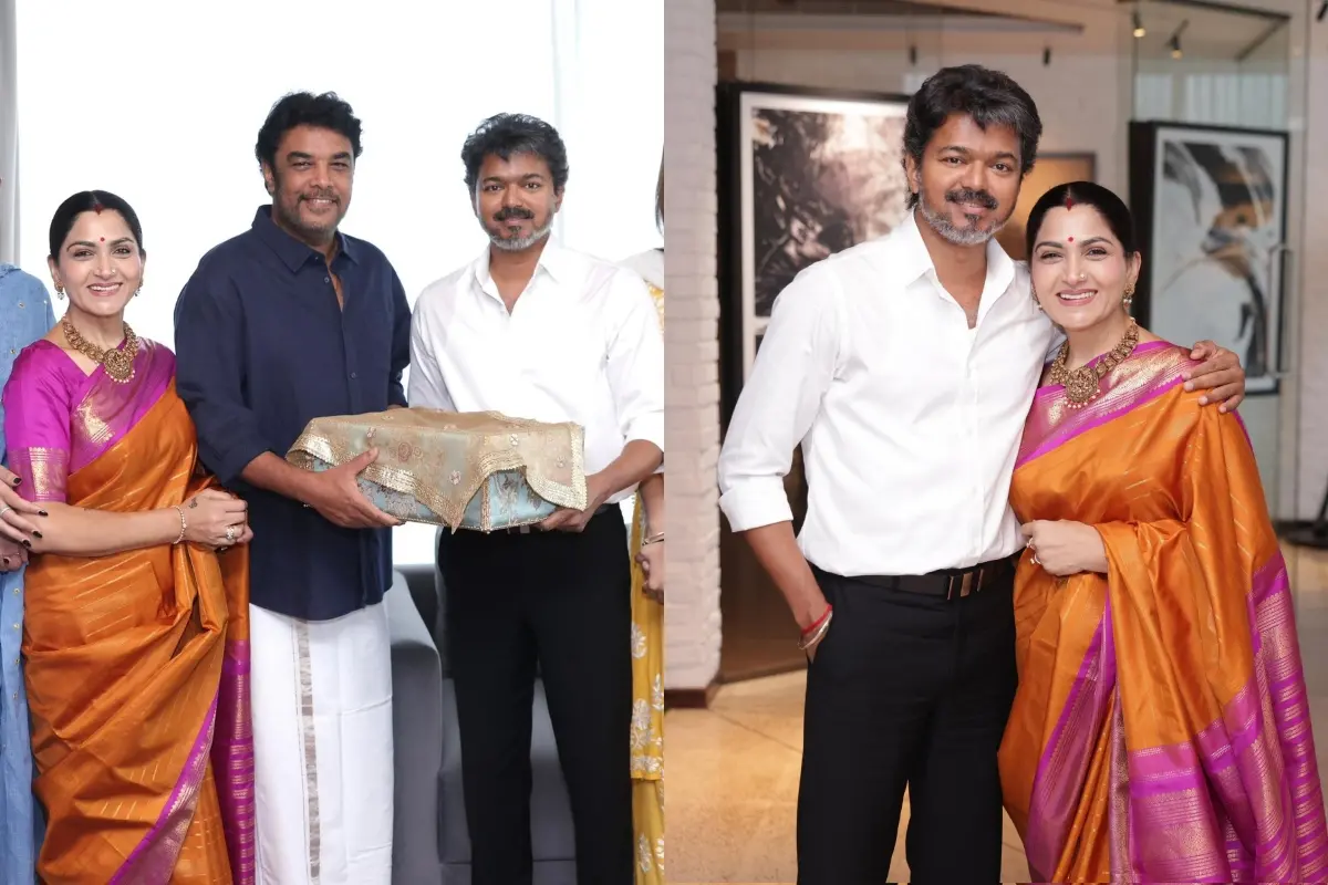 ഖുശ്ബുവും സുന്ദറും വിജയ്‌യ്ക്ക് ക്ഷണക്കത്ത് കൈമാറുന്നു, വിജയ്‌യും ഖുശ്ബുവും | Photo: X/ KhushbuSundar